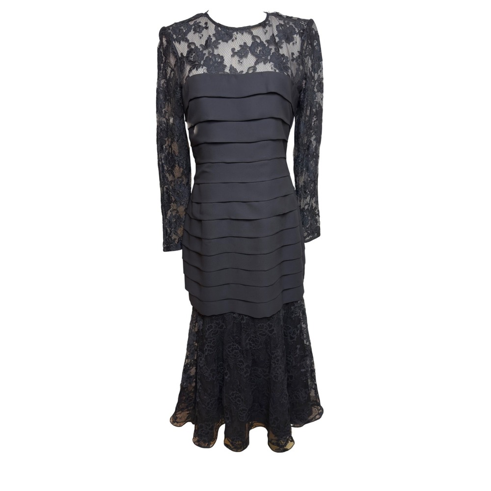 Cache VTG Y2K Black Lace Tiered‎ Mermaid Evening Gown Dress 2600-3 Womens 6